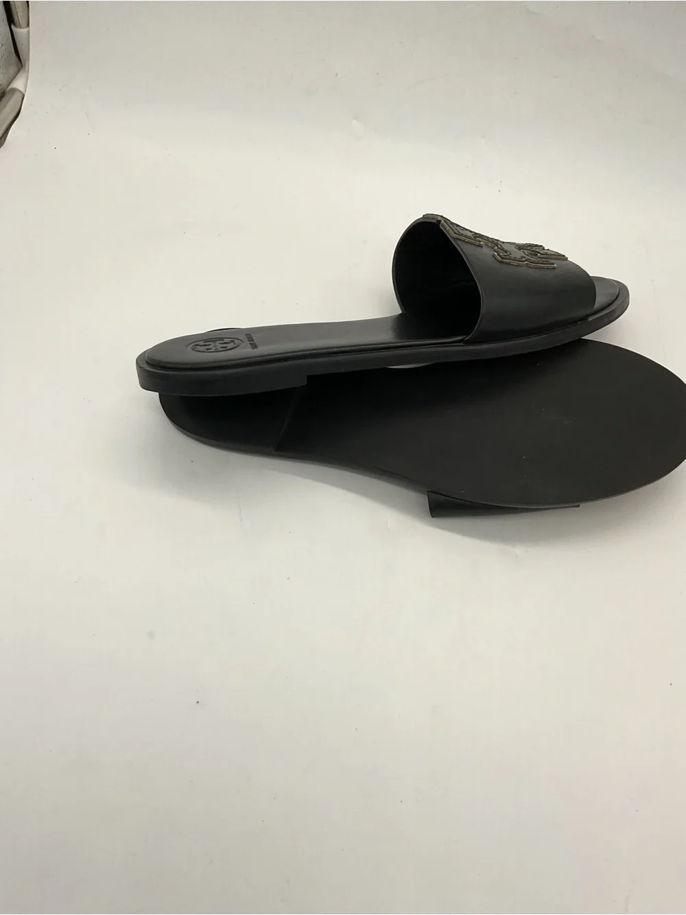 Tory Burch Black Leather Slide Sandals with Contrast Logo